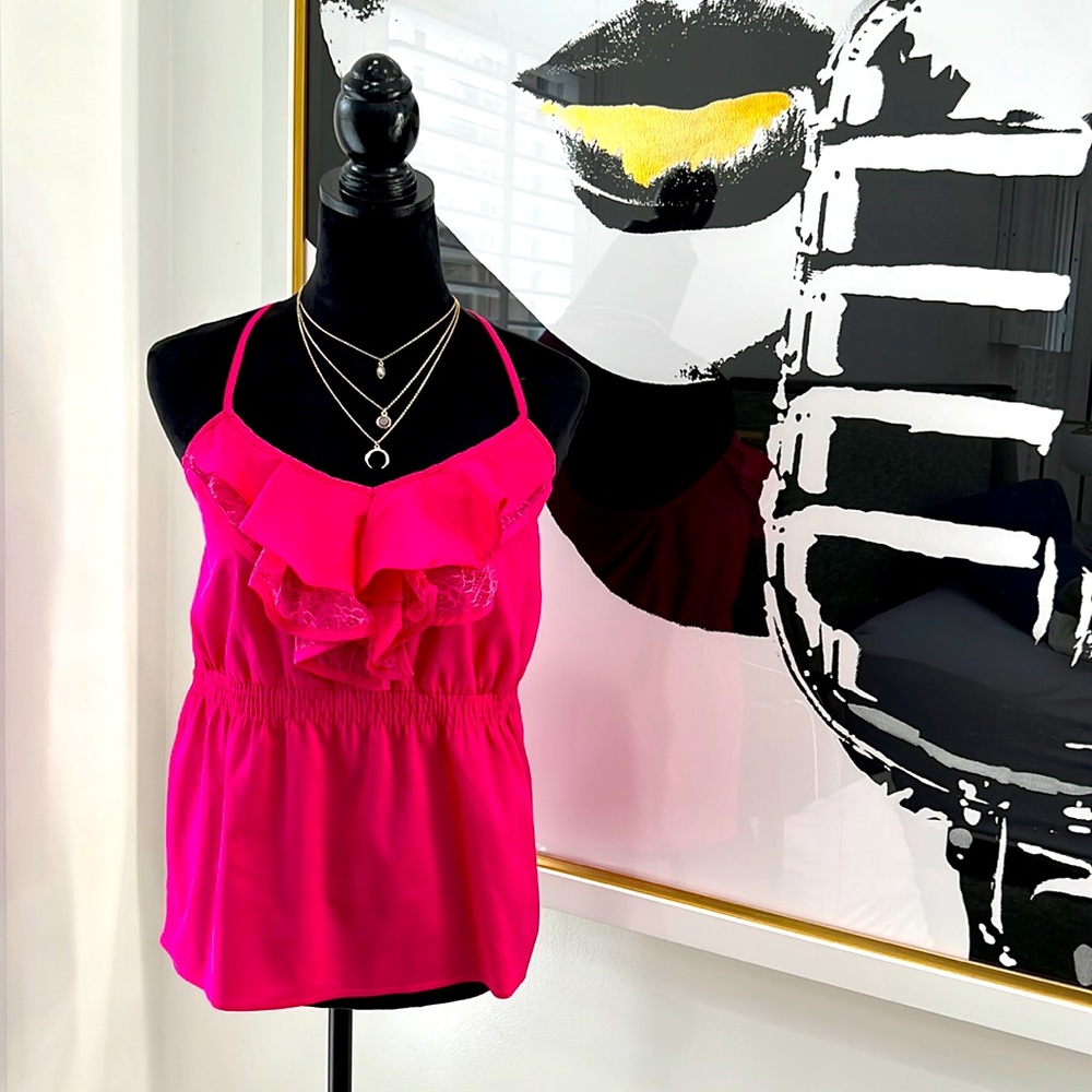 Entro Hot Pink Spaghetti Strap Racer-Back Ruffle-Front Top, Size S